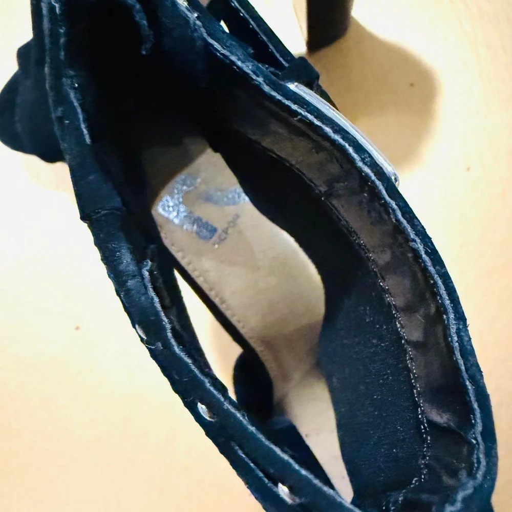 Report Lacey Casual Peep Toe Black Faux Suede Block Heel Platform Shoes 6